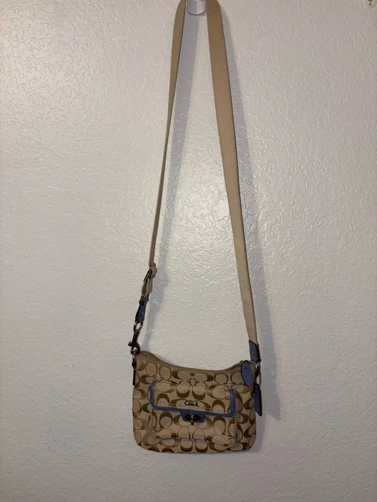 Coach Tan Signature Canvas Crossbody with Blue Trim - Picture 1 of 4